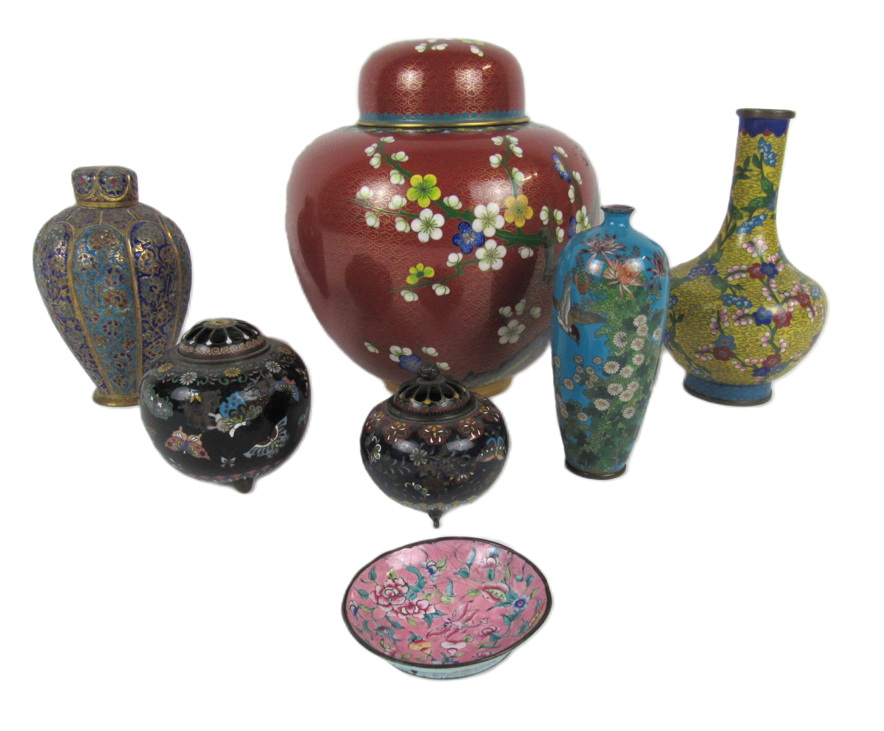 A collection of cloisonne Ware, comprising a tubular yellow ground floral decorated Vase, a