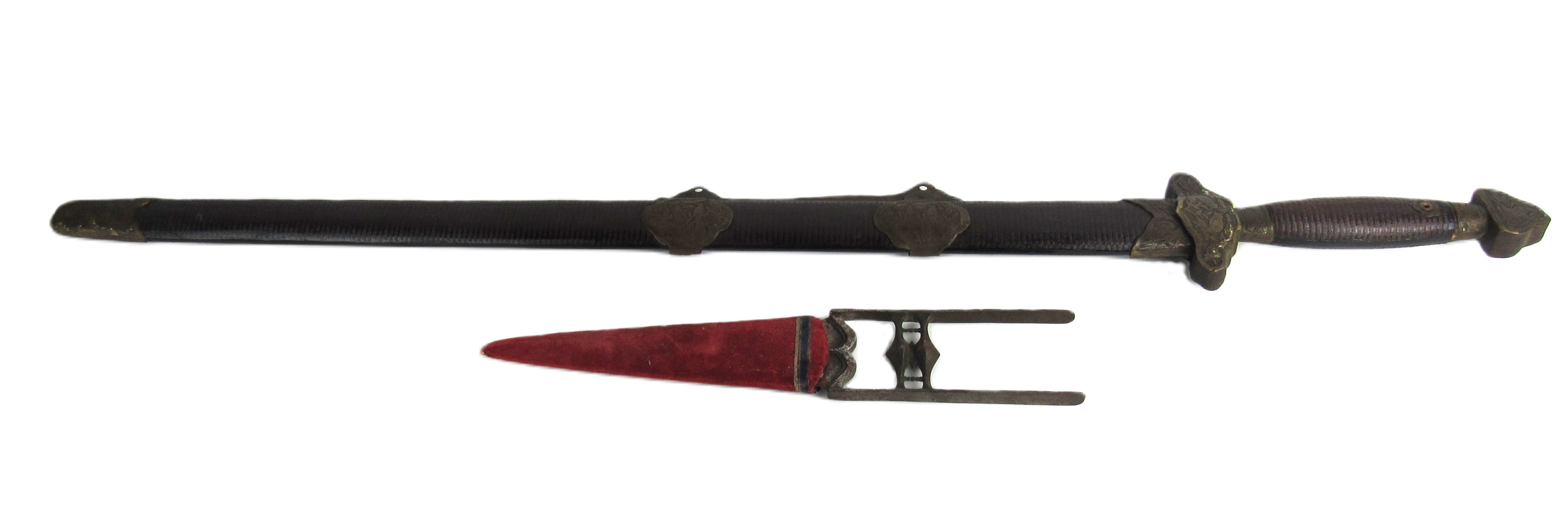 Militaria: An early 20th Century Chinese Long Dress Sword, the cruciform handle with each pommel