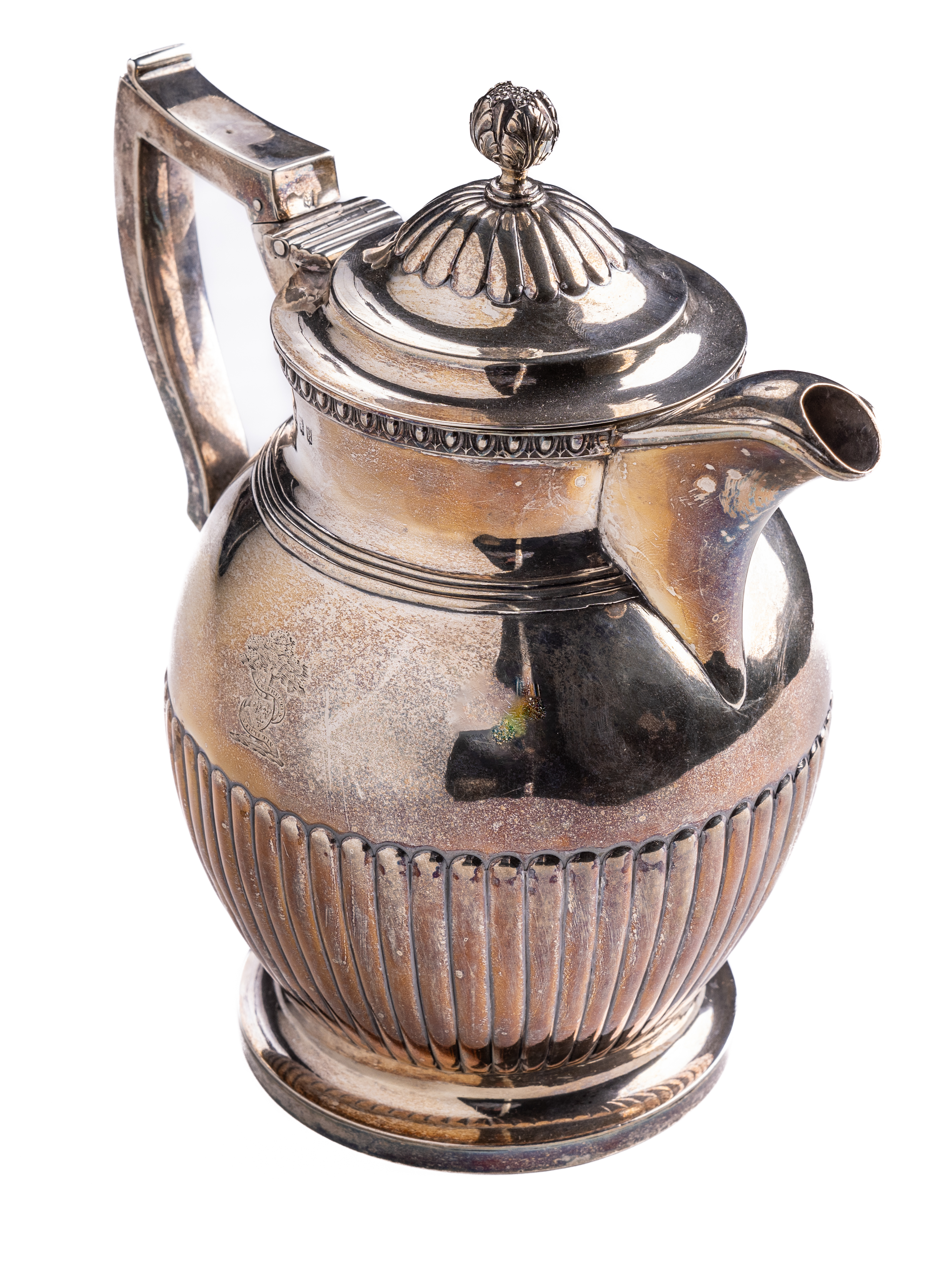 A quality Irish silver Georgian period Hot Water Jug, the domed hinged lid with pomegranate