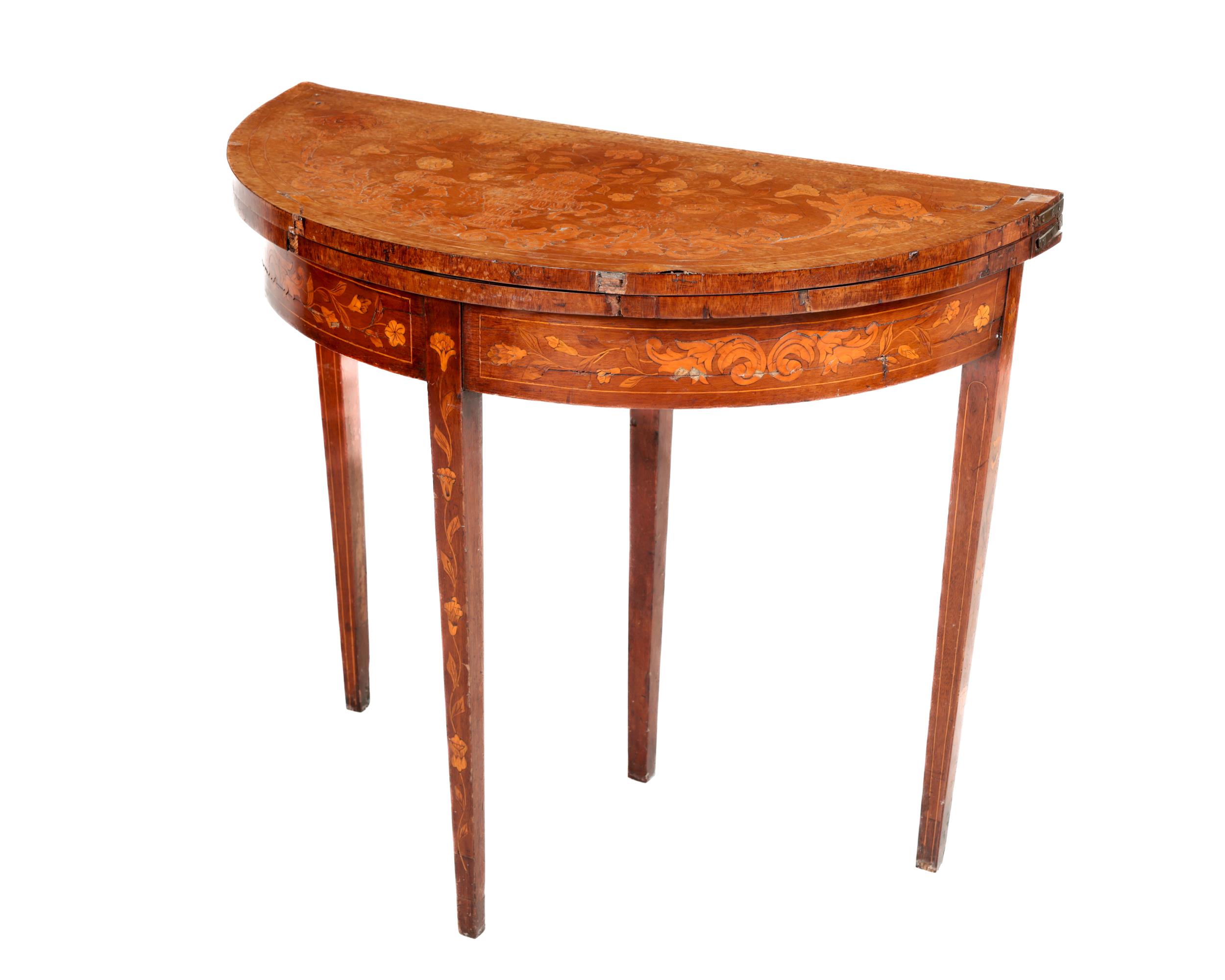 A 19th Century demi-lune mahogany Dutch marquetry fold-over Card Table, the top decorated with