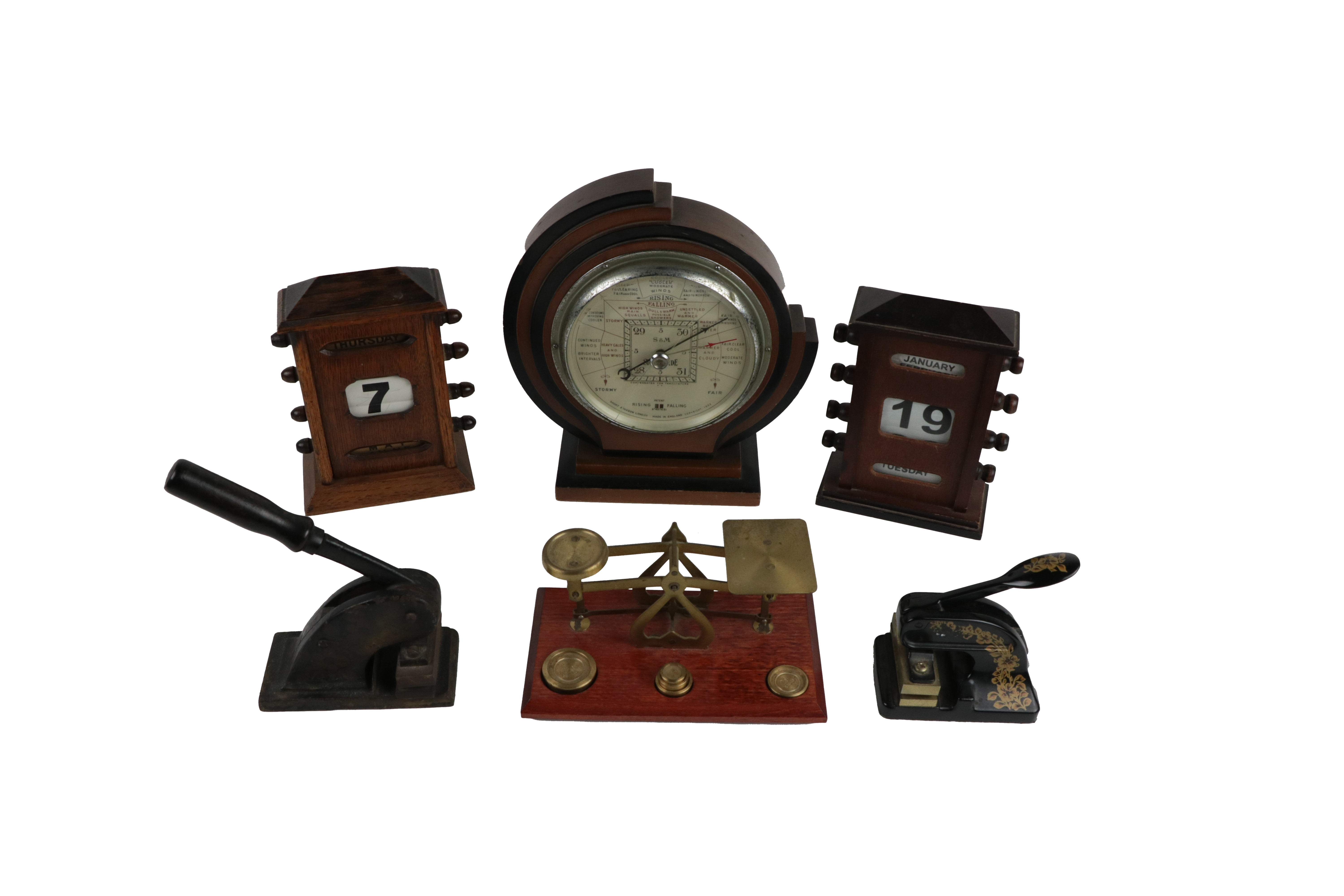 A late Victorian oak Desk Calendar, a similar modern ditto; an oak and brass Postage Scales, an