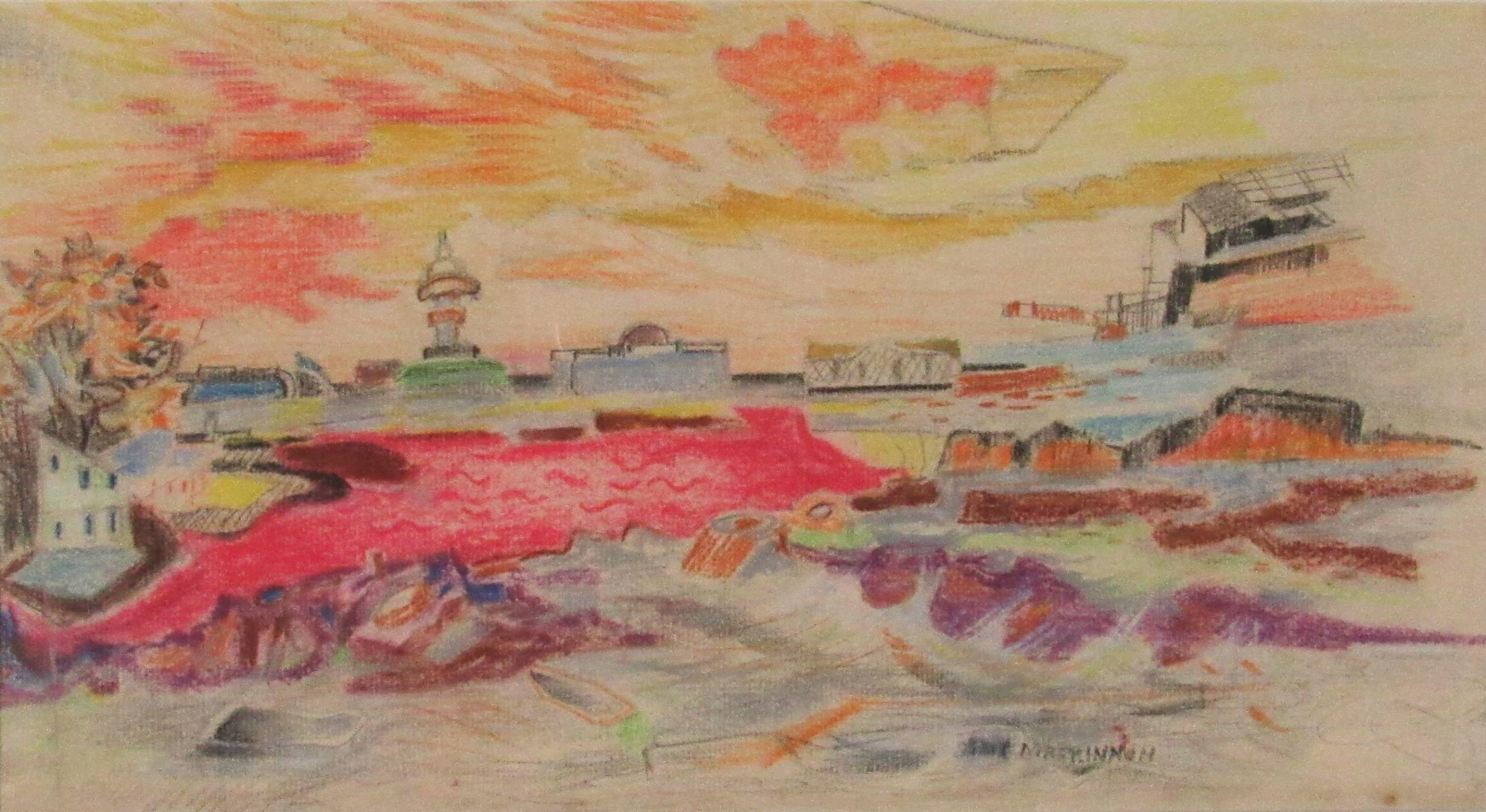 Sine MacKinnon, Irish (1901-1996) "Continental Coastal Village," abstract, pencil an crayon, approx.