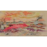 Sine MacKinnon, Irish (1901-1996) "Continental Coastal Village," abstract, pencil an crayon, approx.