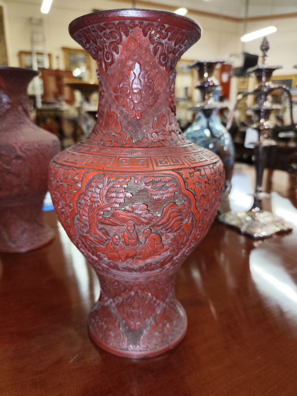 A pair of 19th Century Chinese cinnabar baluster shaped Vases, with landscape and figural panels, - Image 10 of 10