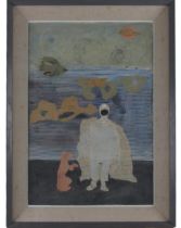 Gerard Dillon, Irish (1916-1971) "Pierrot and Dog," oils and fabric, landscape with clown figure and