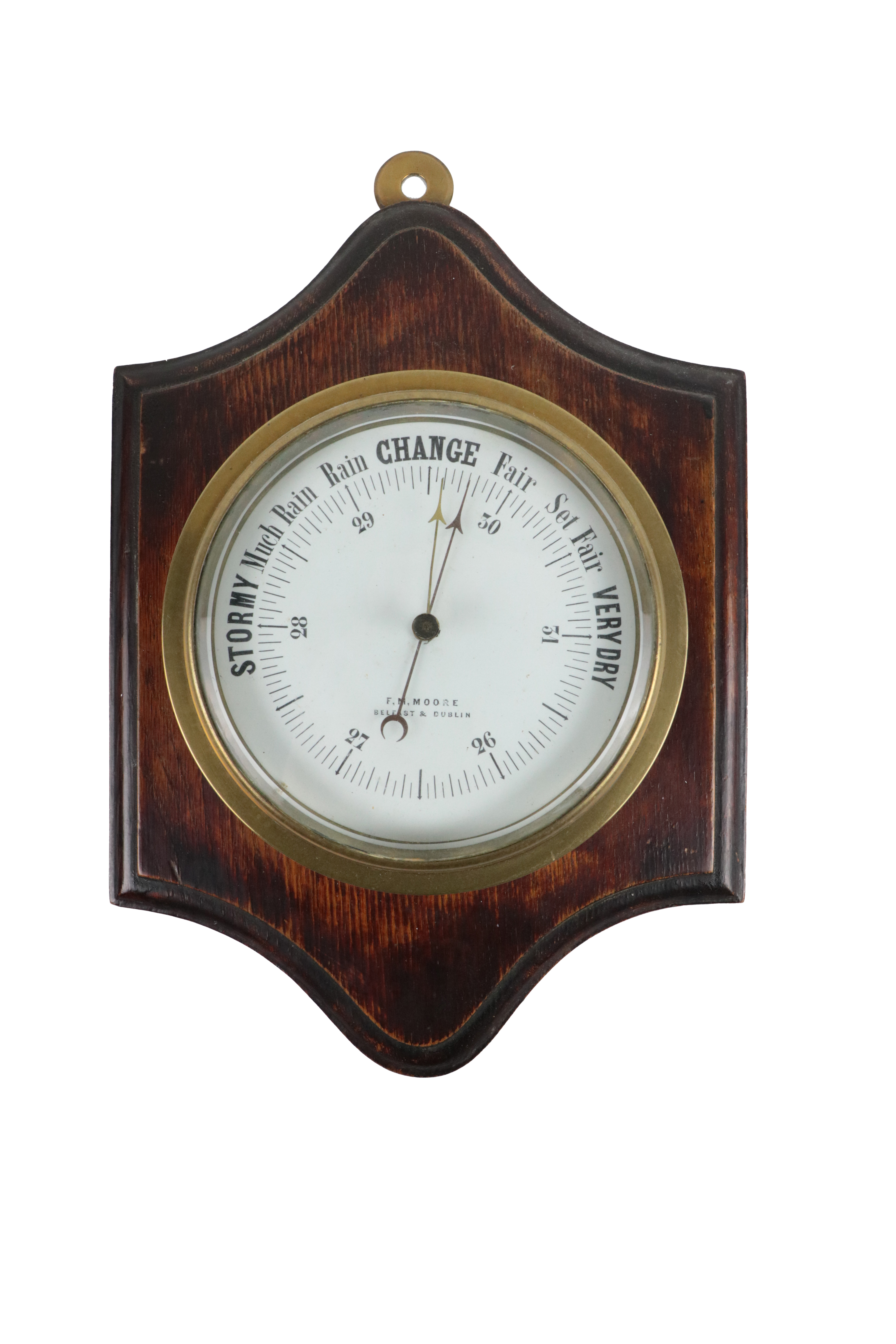 A heavy late 19th Century circular brass Maritime Barometer, with enamel face, signed F.M. Moore,