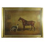 James Howie (1780-1836) "A Chestnut Hunter in a Stable with a Saluki Hound," O.O.C., signed  lower