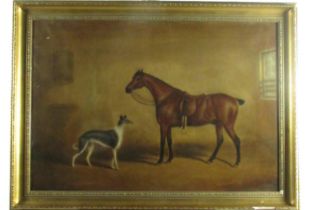James Howie (1780-1836) "A Chestnut Hunter in a Stable with a Saluki Hound," O.O.C., signed  lower