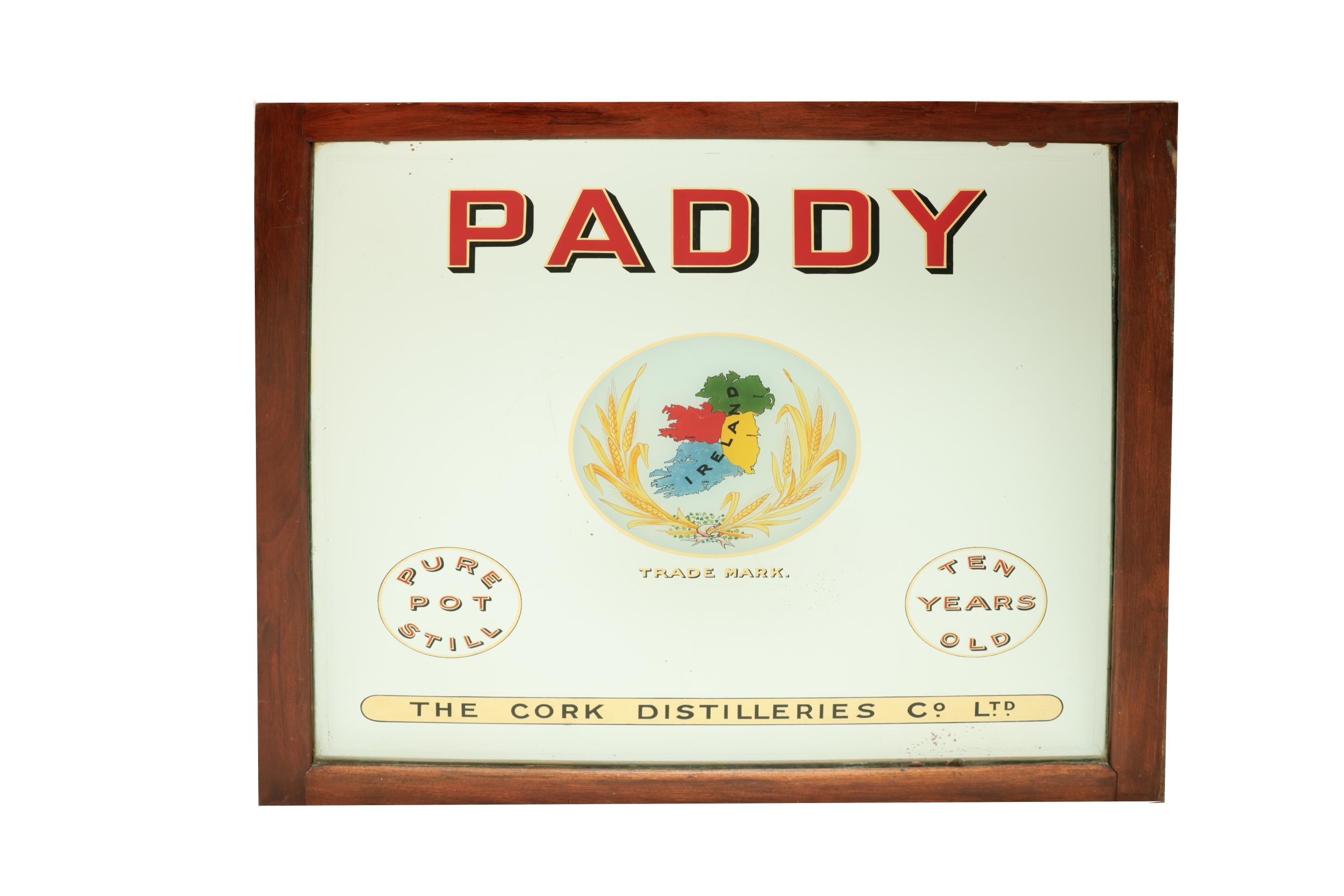 An important and large Advertisement or Branded Mirror, for "Paddy - Pure Pot Still Ten Years