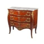 A French style kingswood bombe shaped Commode, the moulded marble top over three long drawers with