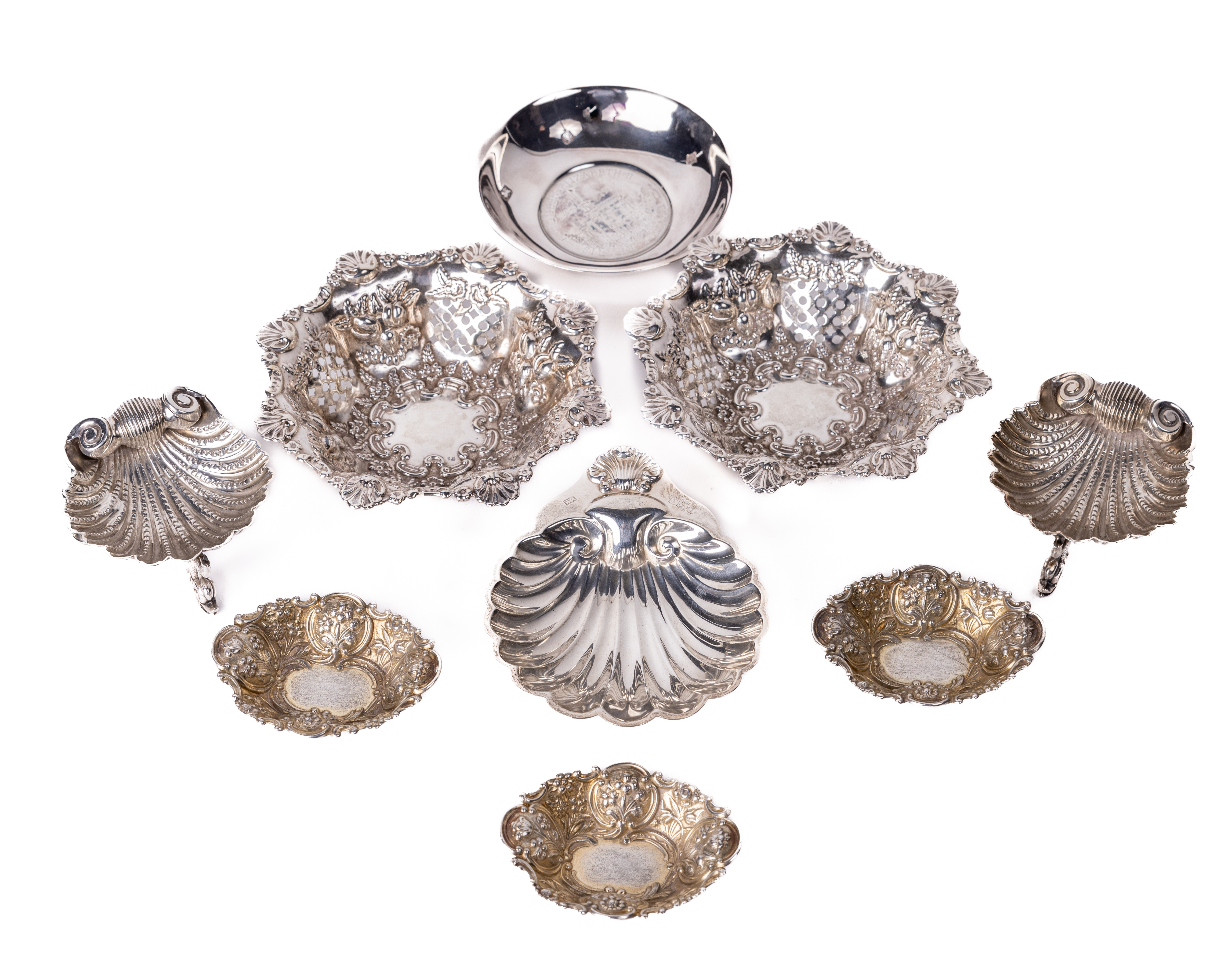 A pair of attractive pierced and decorated silver Bon Bon Dishes, by Walker & Hall, c. 1888;