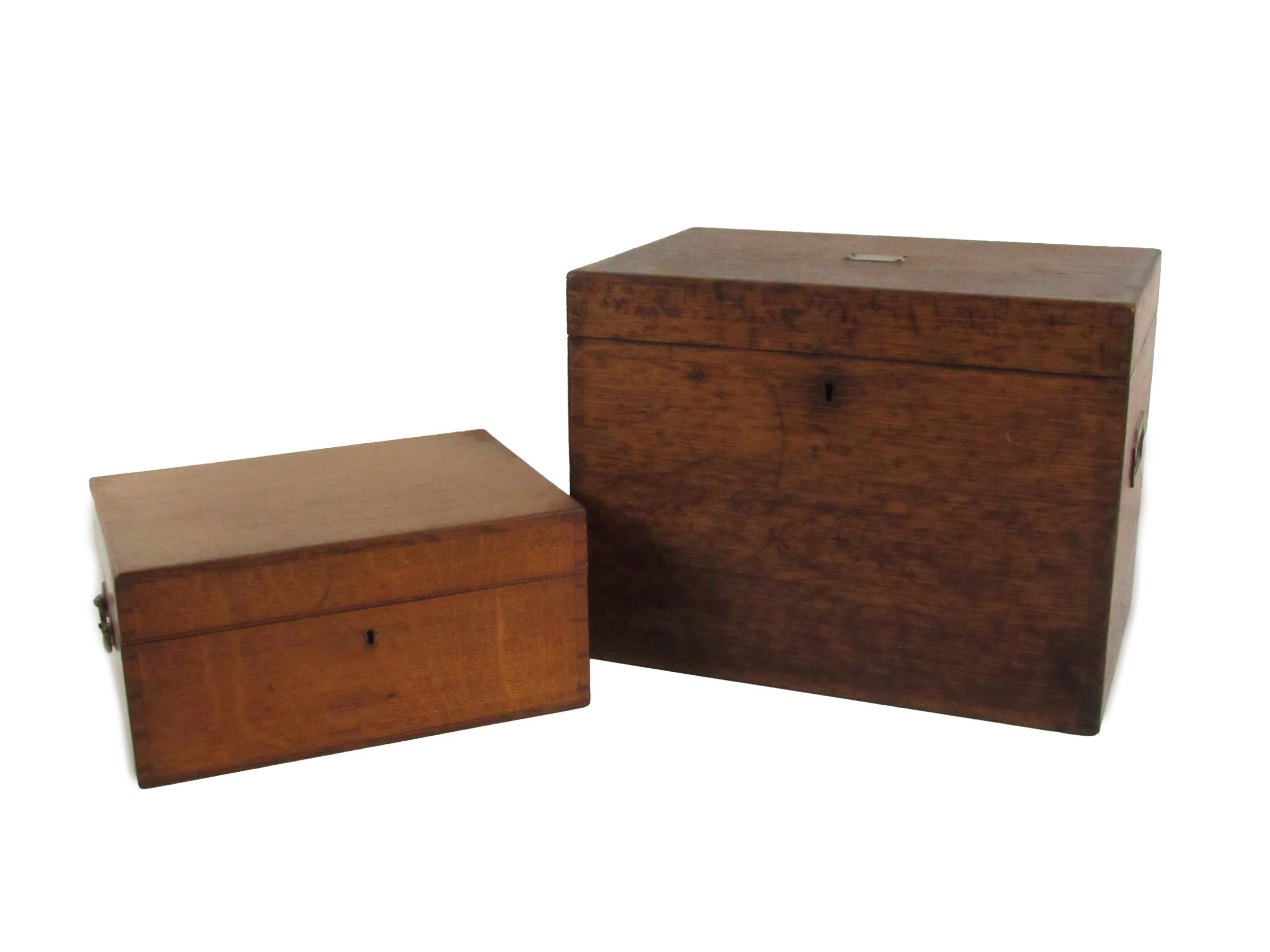 A large rectangular 19th Century oak Box, with brass plaque and inset brass handles, v. good; and