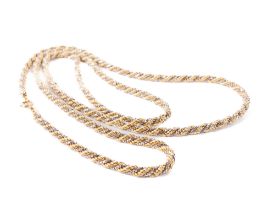 An attractive Ladies interlaced long Necklace, of rope design with white and yellow gold, 18ct,