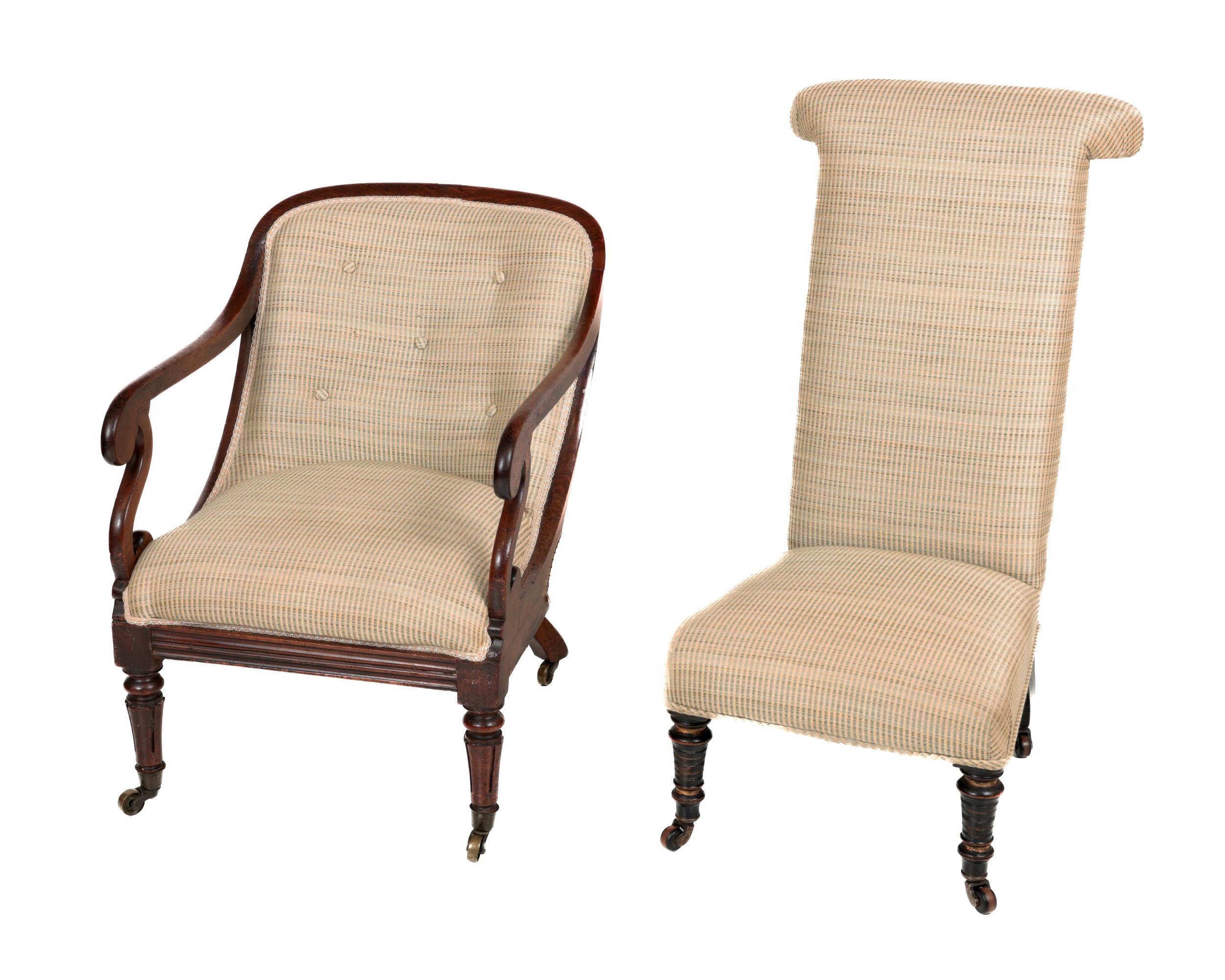 A Victorian mahogany framed Open Armchair, of low proportions with reeded front legs and scroll