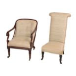 A Victorian mahogany framed Open Armchair, of low proportions with reeded front legs and scroll