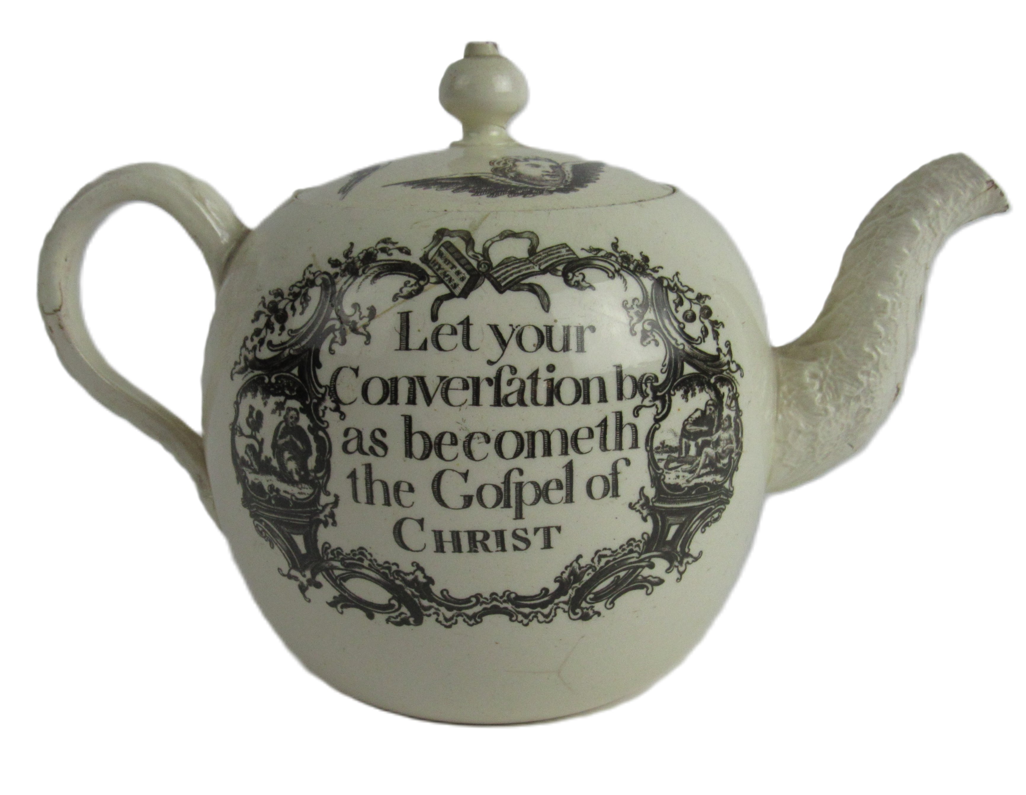 An important 18th Century Wedgwood creamware pottery Teapot, decorated with print image of John