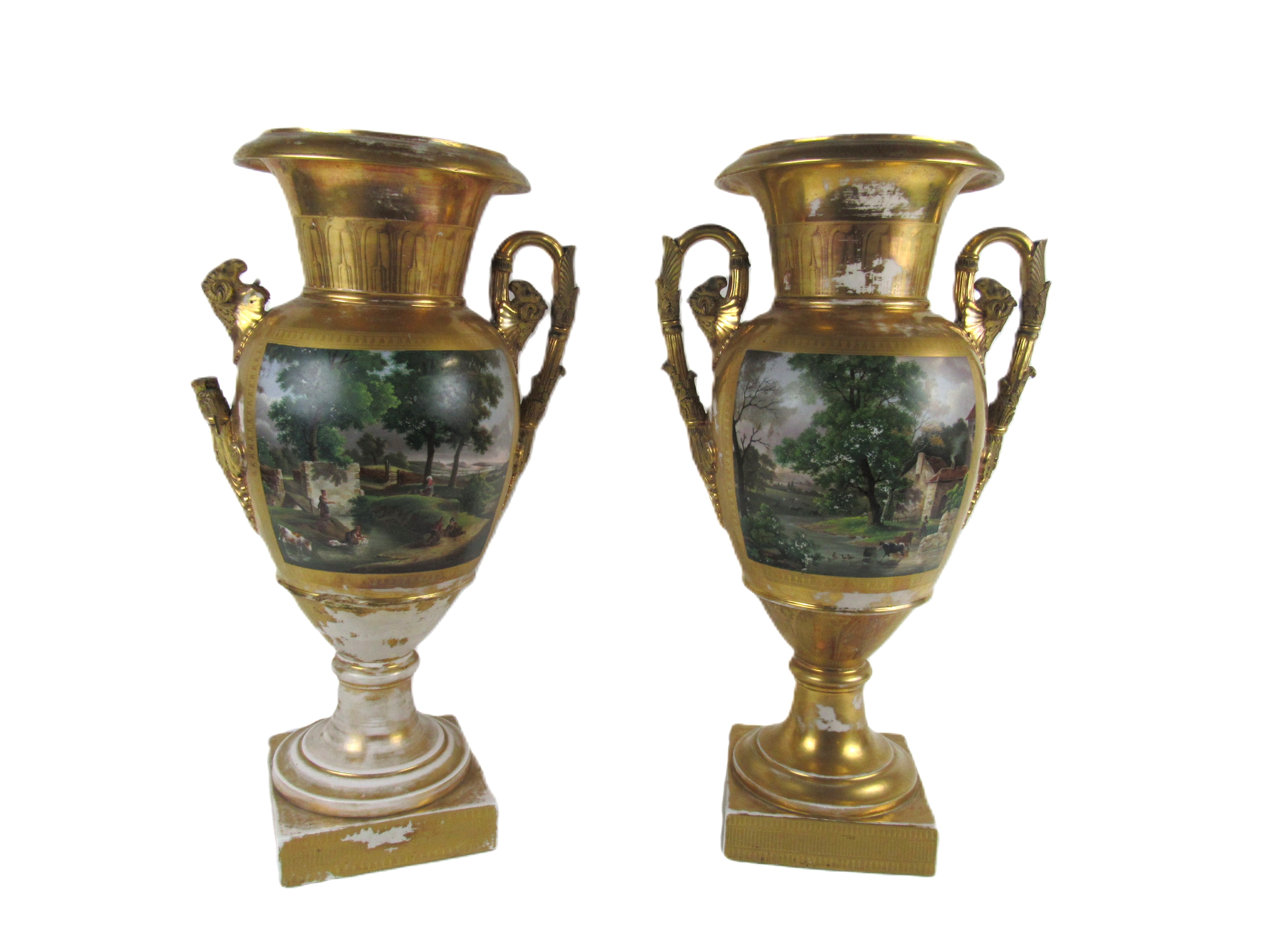 A pair of large 19th Century porcelain two handled gilded and painted Urn, with floral necks,