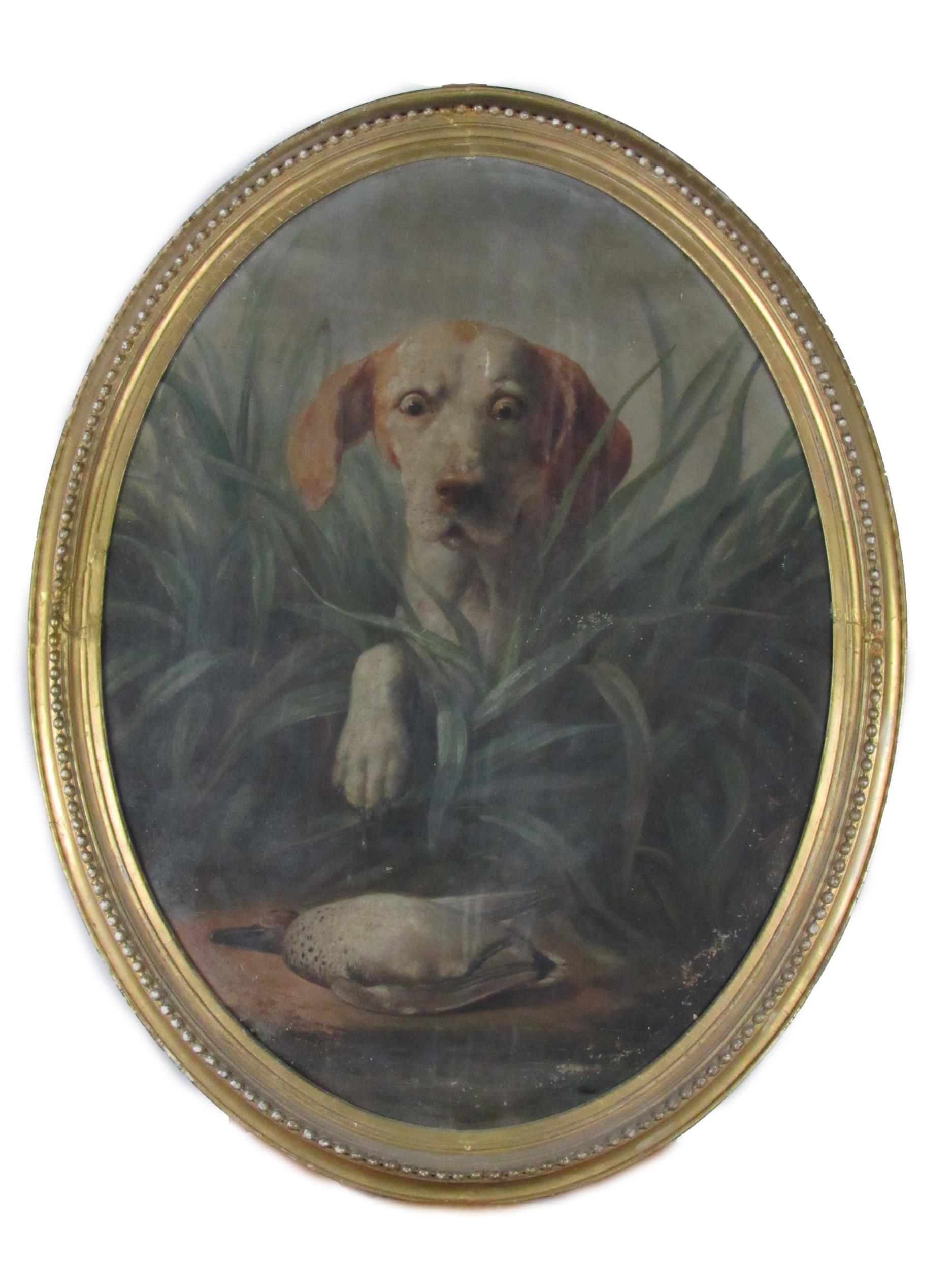 19th Century English School A large oval painting, "A Gun Dog retrieving a dead duck amidst