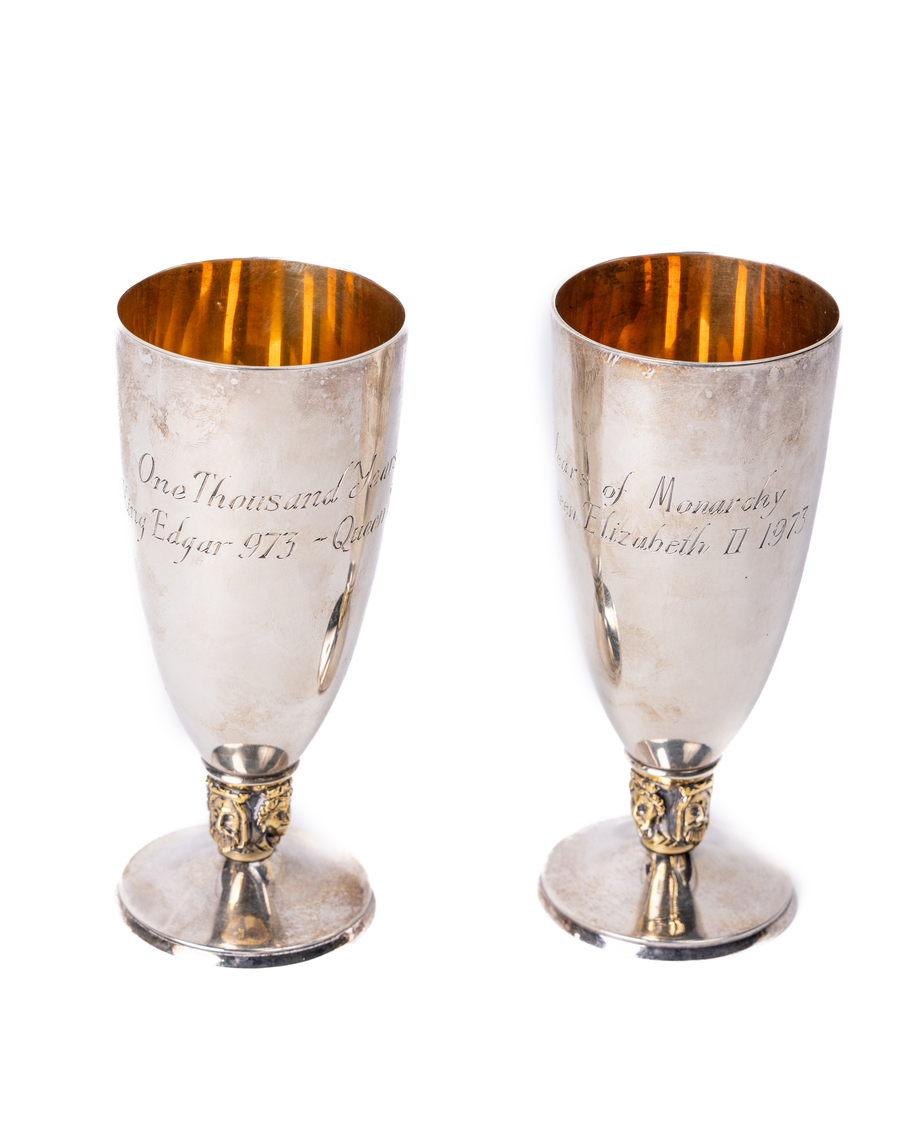 A pair of Commemorative silver gilt Goblets, "One Thousand Years of Monarchy, King Edgar 973 - Queen