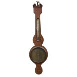 A Victorian Irish inlaid mahogany 'Banjo' Barometer, the arched pediment above thermometer gauge,