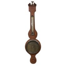 A Victorian Irish inlaid mahogany 'Banjo' Barometer, the arched pediment above thermometer gauge,