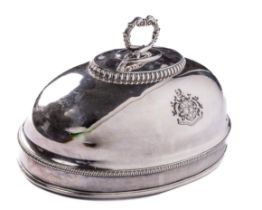 A fine quality silver plated and crested domed oval Dish Cover, with scroll handle, egg n' dart