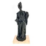 A late 19th Century bronze Figure, of a Medieval Lady wearing a long dress, a bead necklace and a