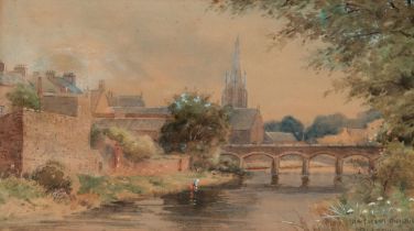 J.W. Carey, ARUA (1859-1937) "Antrim Bridge," watercolour, attractive riverscape with female