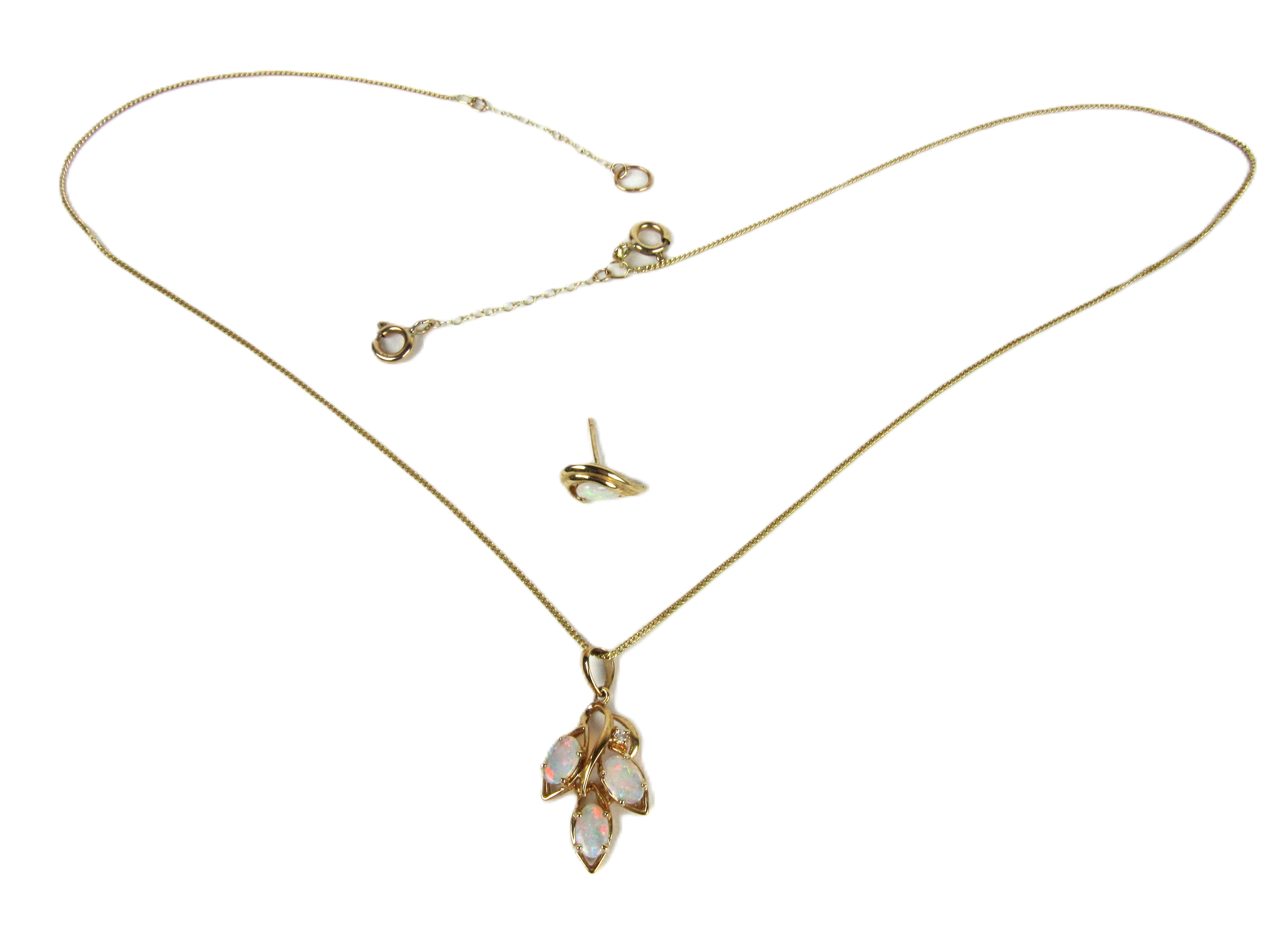 A 9ct gold Ladies Necklace, with pendant set with three opal stones and single small diamond, and