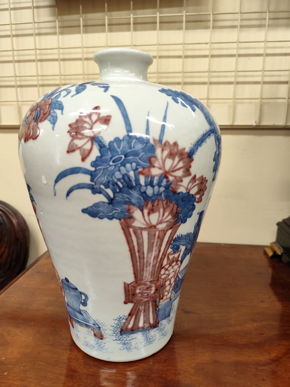 An attractive tall Chinese blue and white Vase, decorated with iron red 'Meiping' vase and - Image 2 of 9
