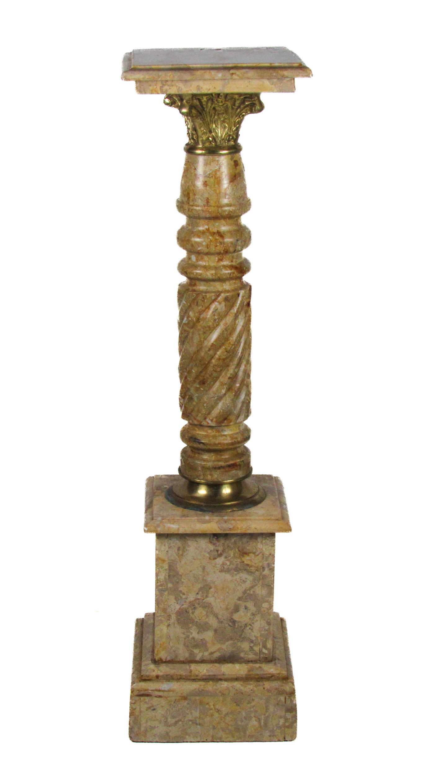 A fine quality Corinthian column marble Pedestal Stand, the moulded square platform top over a brass