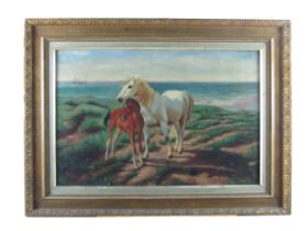 20th Century Irish School "Mare and Foal in Coastal Landscape," O.O.C., approx. 51cms x 76cms (20" x