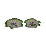 A good pair of mid-18th Century Botanical Trompe l'oeil bow china Leaf Dishes, c. 1760, with red