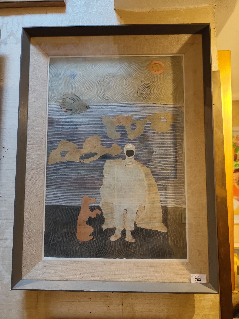 Gerard Dillon, Irish (1916-1971) "Pierrot and Dog," oils and fabric, landscape with clown figure and - Image 5 of 5