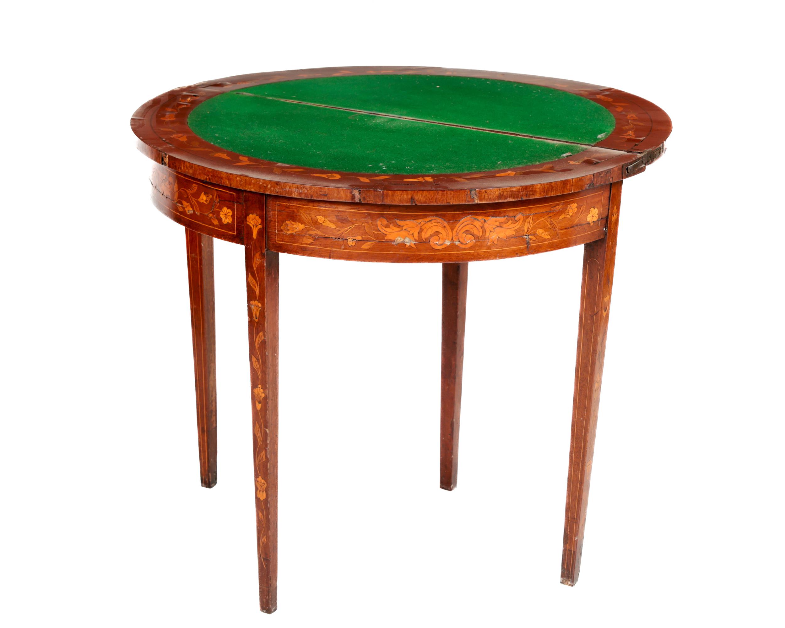 A 19th Century demi-lune mahogany Dutch marquetry fold-over Card Table, the top decorated with - Image 2 of 2