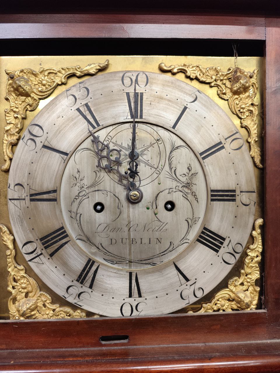 A very fine Irish Longcase Clock, the shaped cornice above a square brass dial, Signed  Dan O'Neill, - Image 9 of 9