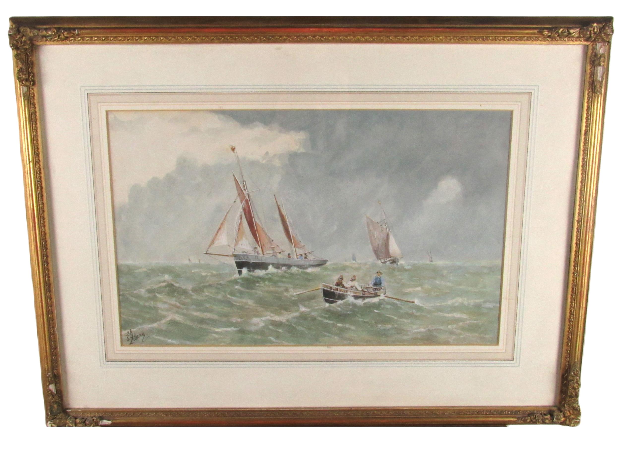 Edward Adams, British (XIX-XX) "The Fishing Fleet at Sea," watercolour, busy seascape, with