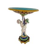 A 19th Century polychrome Majolica Table Centre or Fruit Comport, probably Minton, modelled with two