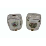 Two ironstone porcelain barrel shaped Spirit Containers, for whisky, gin, with floral and equestrian