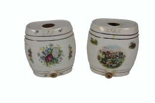 Two ironstone porcelain barrel shaped Spirit Containers, for whisky, gin, with floral and equestrian