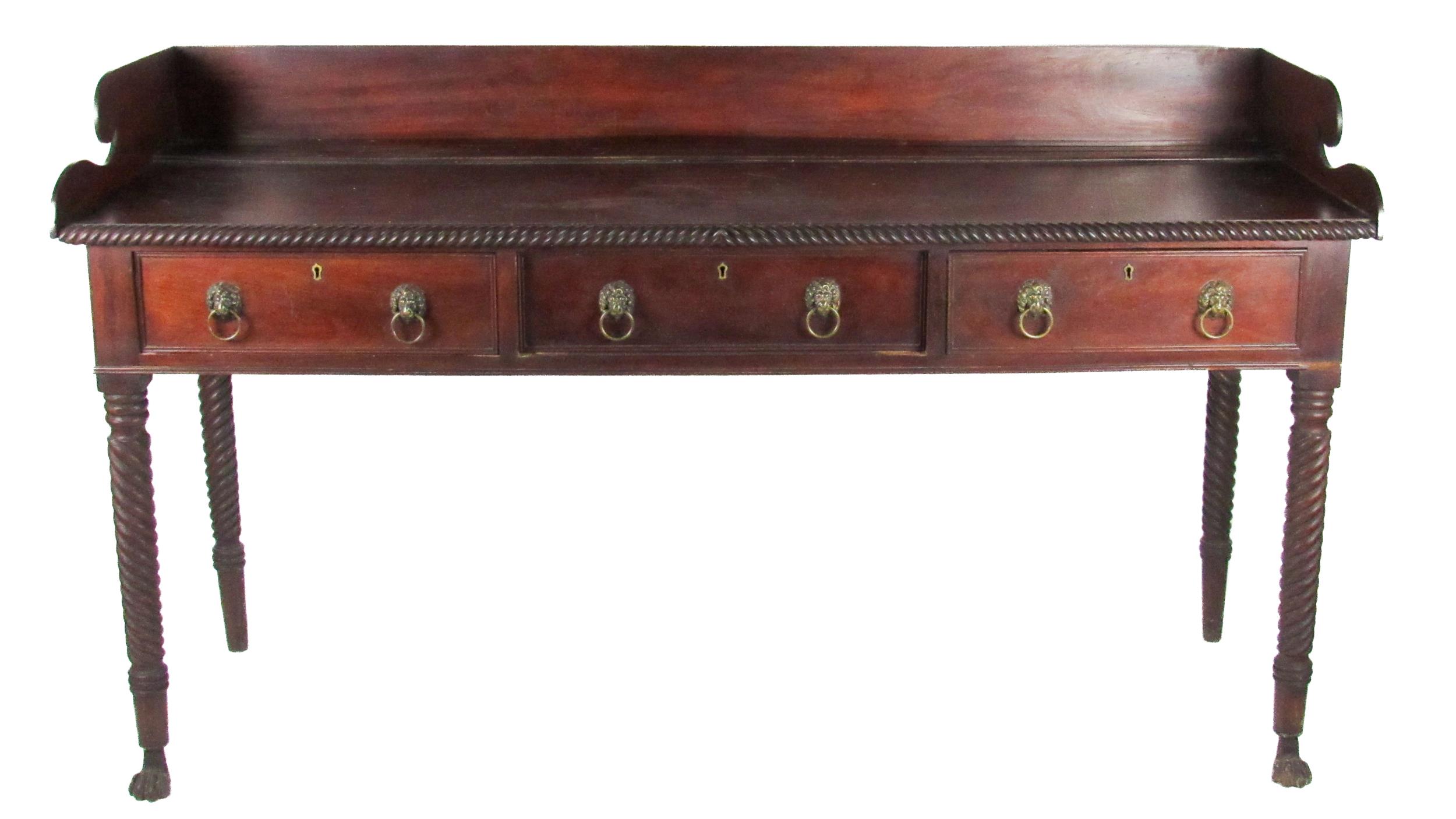 A William IV Nelson type mahogany Serving Table, the gallery back with scroll side over a rope edge,