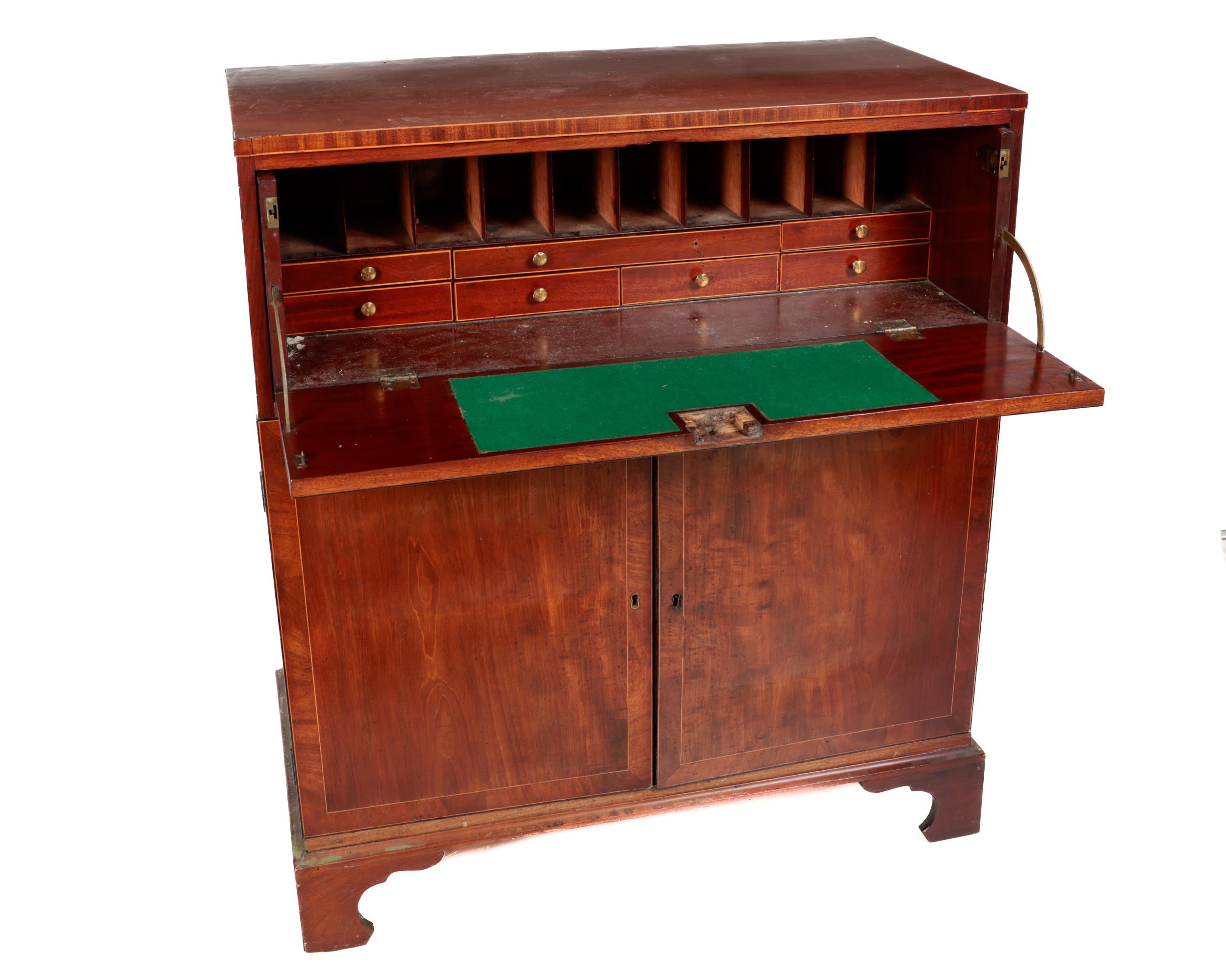 A Georgian mahogany pull-out Bureau, the plain top over first drawer opening to reveal fitted - Image 2 of 2