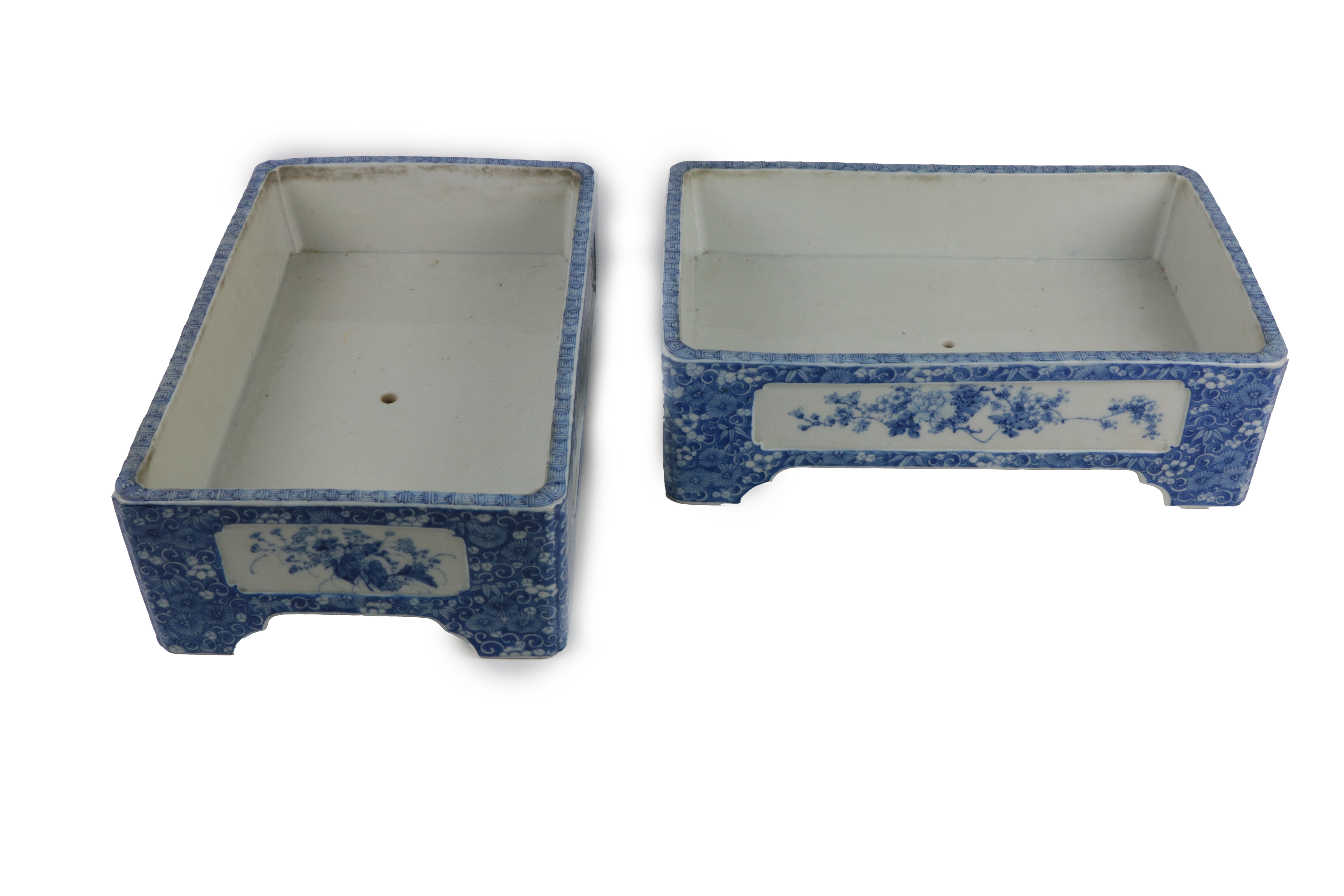 A large pair of attractive blue and white Japanese (Meiji period) rectangular Planters, decorated