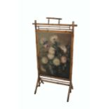 A Victorian bamboo framed Firescreen, with inset floral painting, O.O.C., signed  E. Rice 1894. (