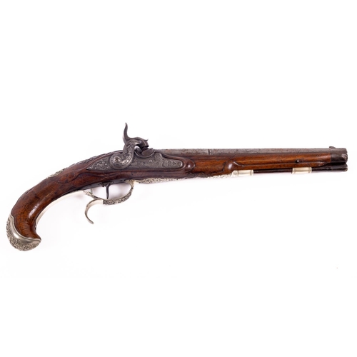 A fine early 19th Century French silver mounted Percussion Hunting Pistol, with engraved steel