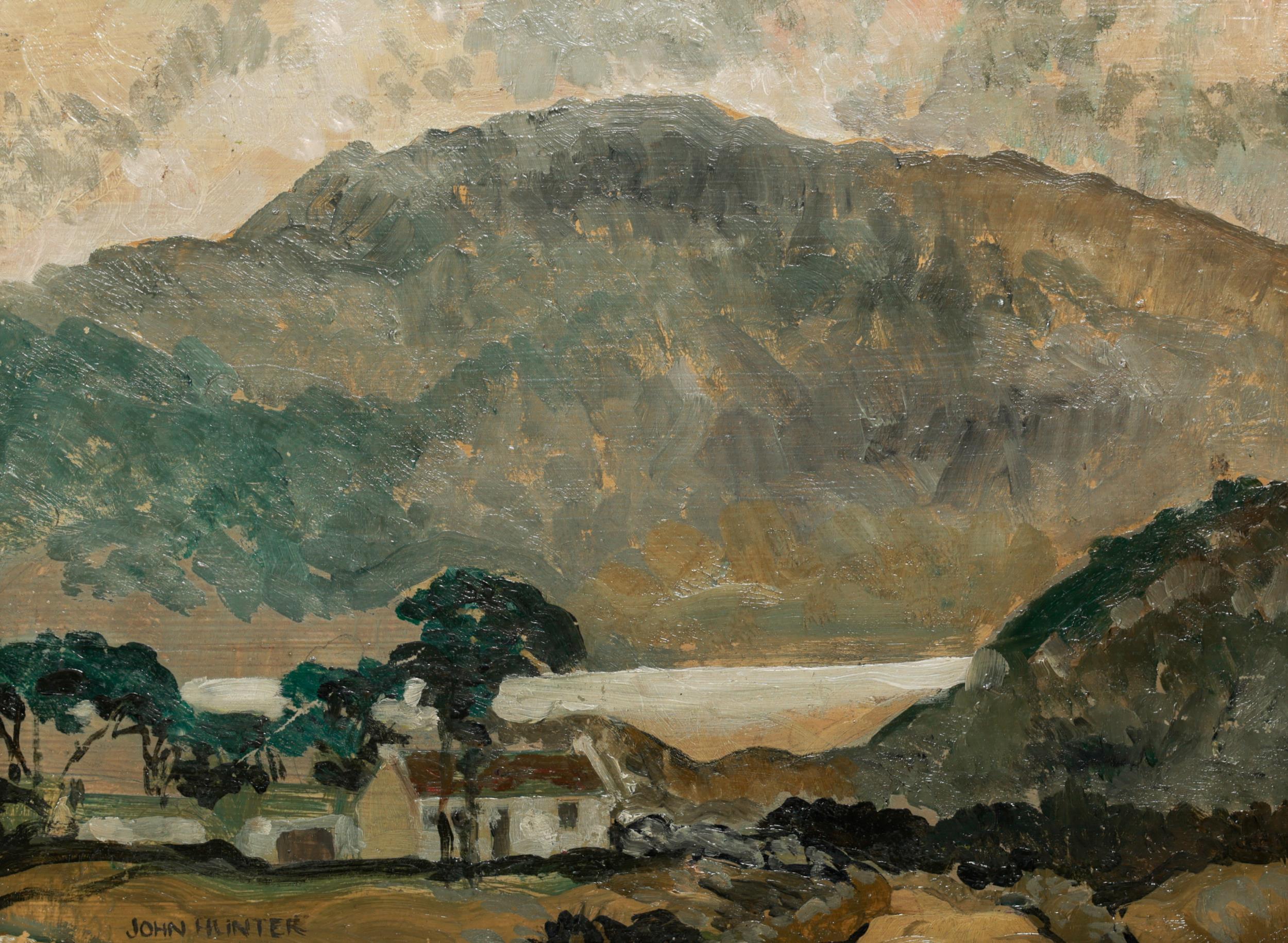 John Hunter, RUA, ARCA (1893-1951) "West of Ireland Scene with Cottage by a Lake," O.O.B., approx.