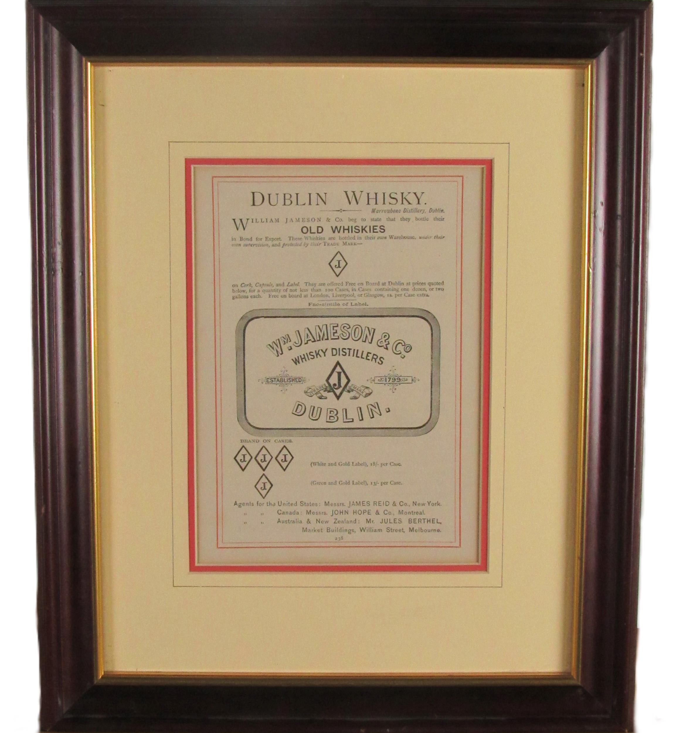 A printed Advertisement, "Dublin Whisky, Wm. Jameson & Co., Whisky Distillers, Dublin" for trade