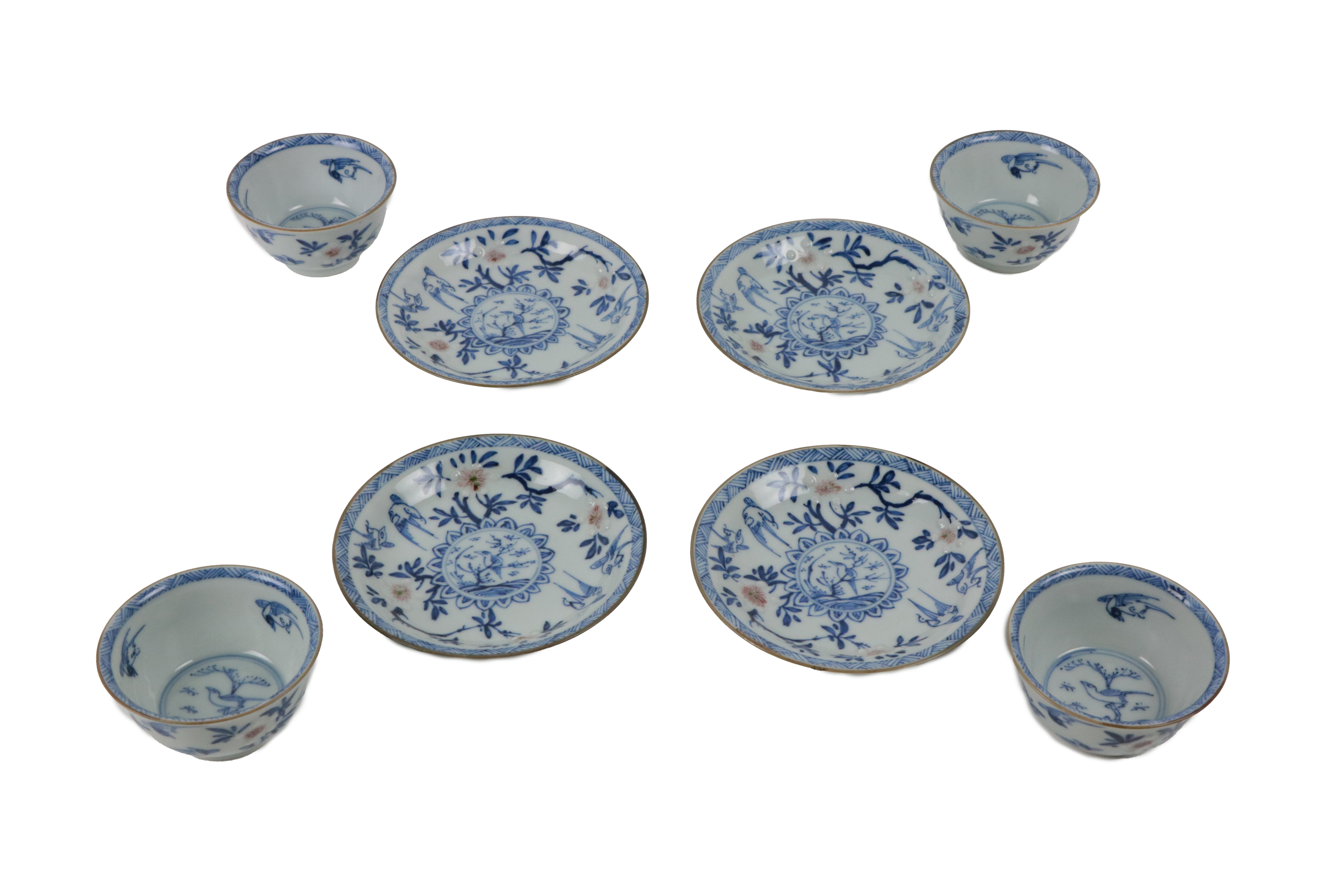 An early set of four Chinese 'Doucai,' blue and white Tea Cups and Saucers, decorated with birds and - Image 2 of 2