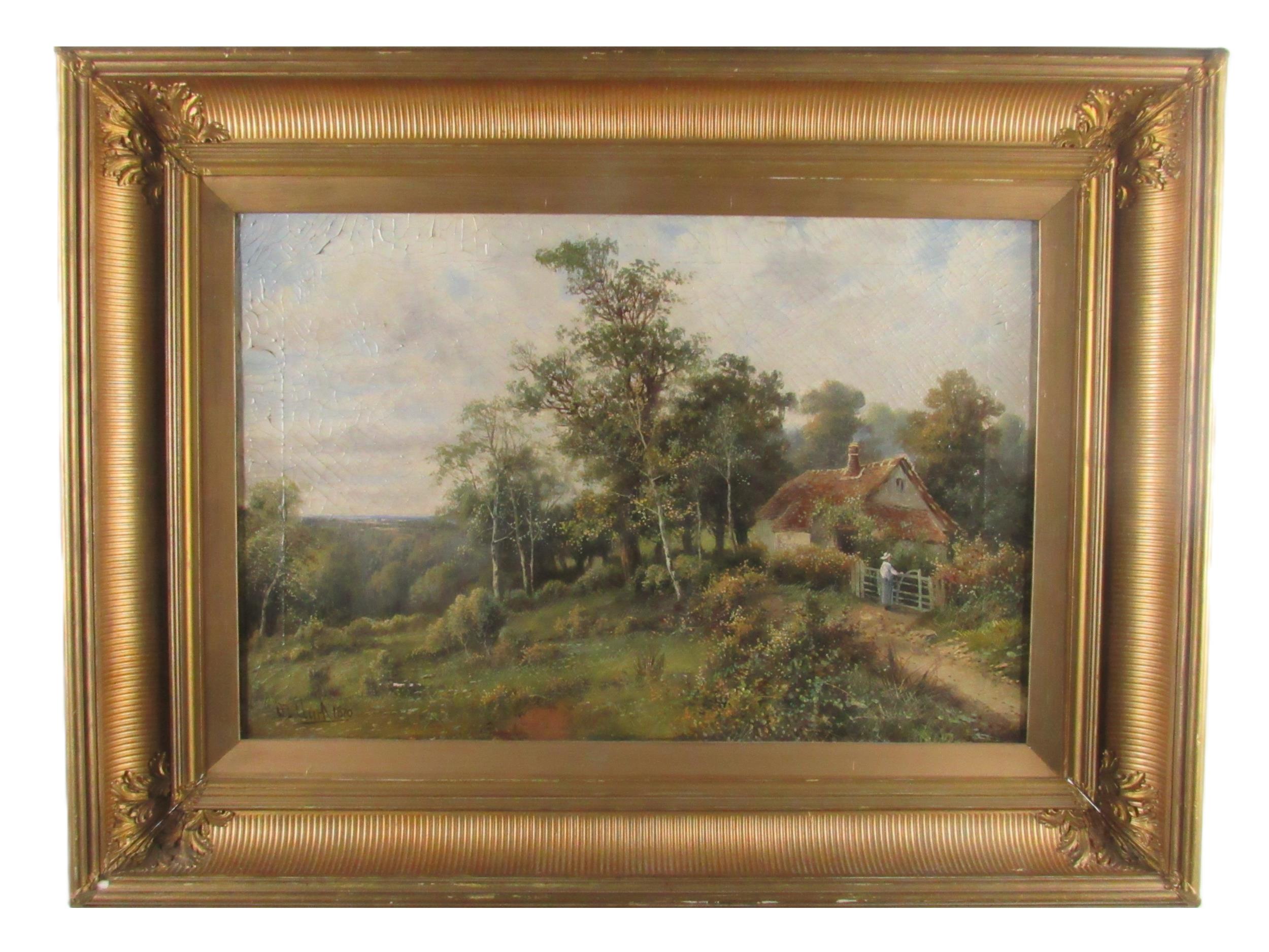 Octavius T. Clark, British (1850-1921) "British Landscape with Cottage in foreground and Figure at