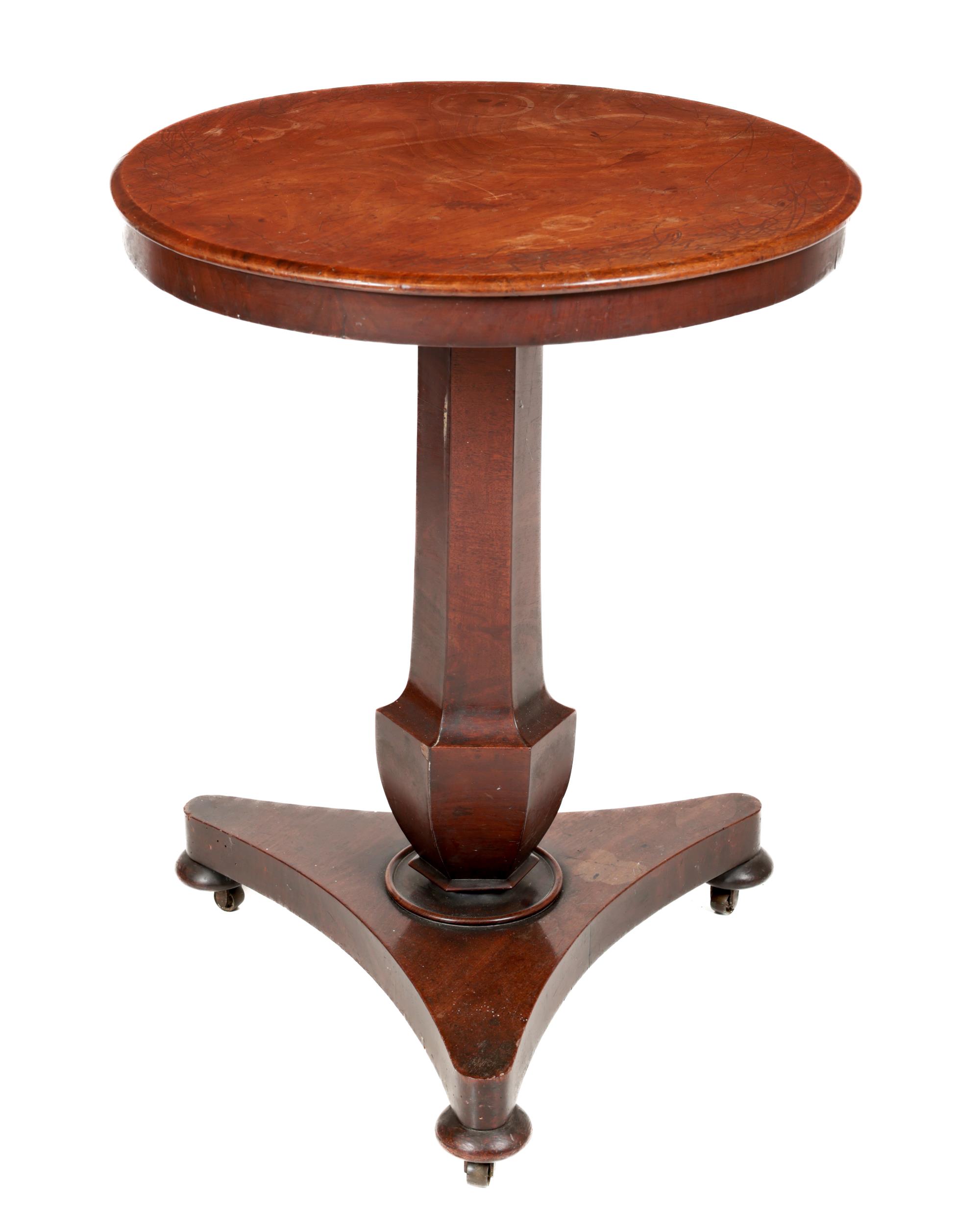 A William IV Irish mahogany circular top Occasional Table, on a shaped hexagonal pillar support,